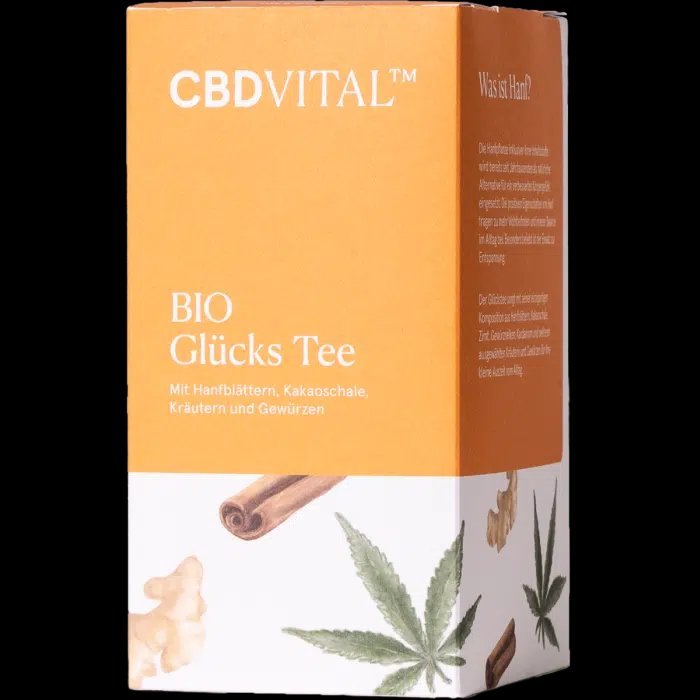 CBD Vital Organic Happiness TeaAromatic herbal tea for inner harmony and moments of pleasure.
CBD -Vital's CBD Happiness Tea combines hemp leaves, cocoa shells, ginger, and aromatic spices into a unique tea blend. Spicy, warming, and soothing – for a good feeling and little moments of happiness in everyday life.